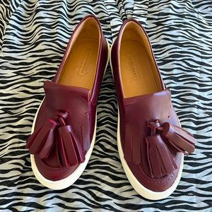 Longchamp Burgundy red leather platform tassel loafers. Size 7